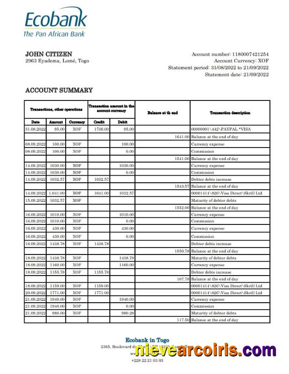 Togo Ecobank bank statement xls